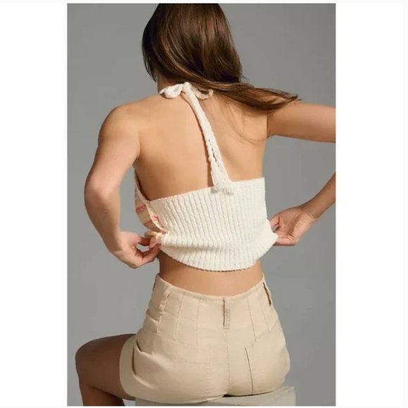 NWT Anthropologie | Cream & Orange Crochet Halter V-Neck Sweater Tank Top, XL - Picture 2 of 9